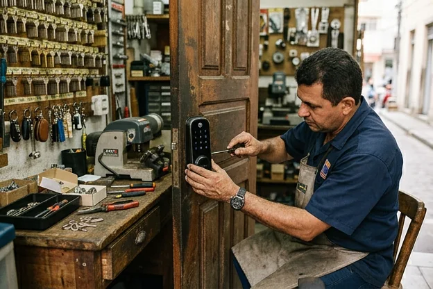 Chaveiro demonstrando o funcionamento de uma fechadura digital em Caruaru.