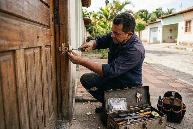 Chaveiro instalando fechaduras em uma residência em Caruaru.