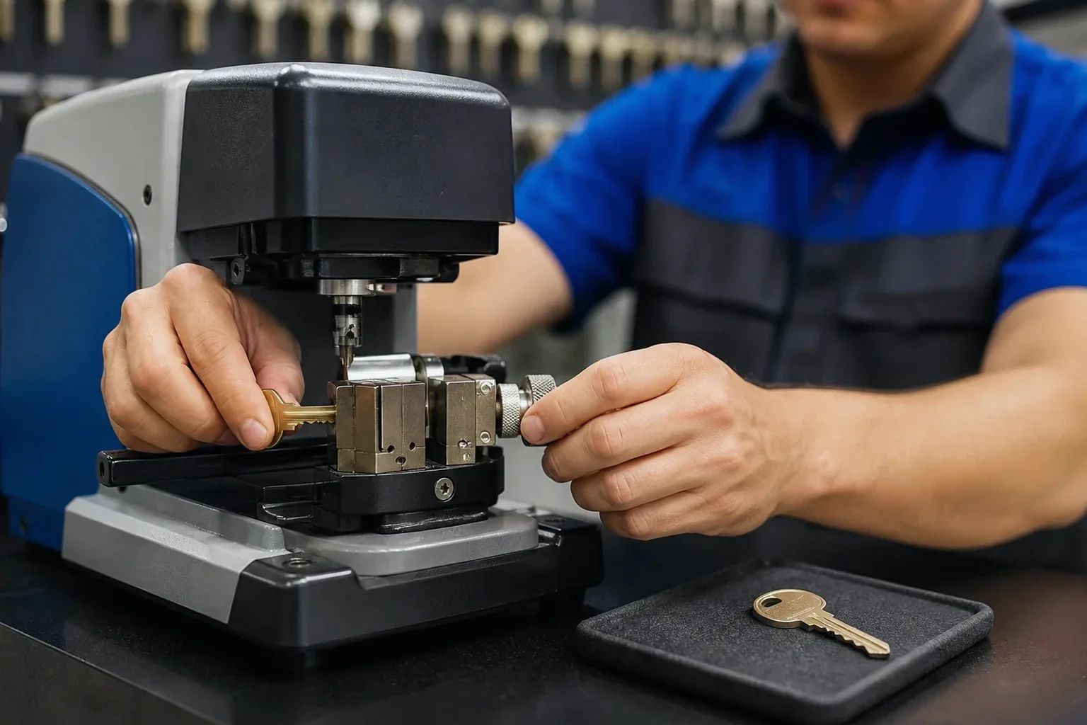 Chaveiro utilizando máquina para copiar uma chave em Caruaru.